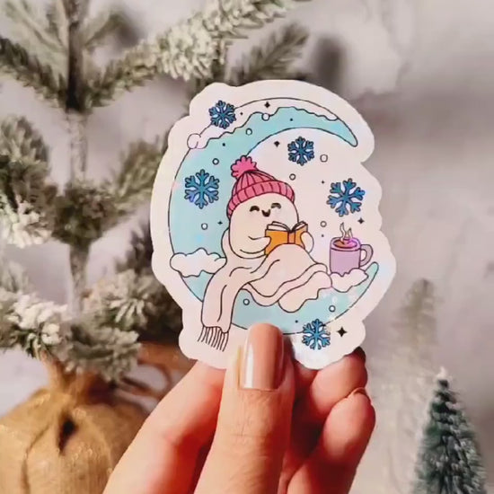 Bookish Winter Moon Ghost Holographic Sticker, Christmas Sticker, Laptop/Water Bottle Sticker, Water Resistant, Cute Bookworm Gift