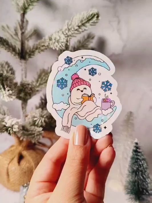 Bookish Winter Moon Ghost Holographic Sticker, Christmas Sticker, Laptop/Water Bottle Sticker, Water Resistant, Cute Bookworm Gift