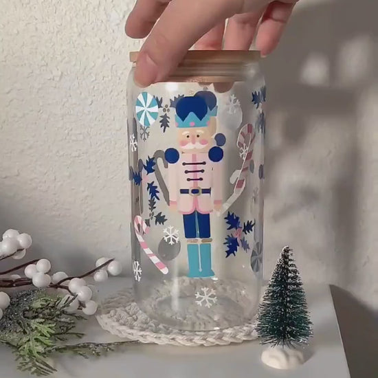Christmas Nutcracker Glass Cup, 16oz and 20oz bamboo lid and straw included