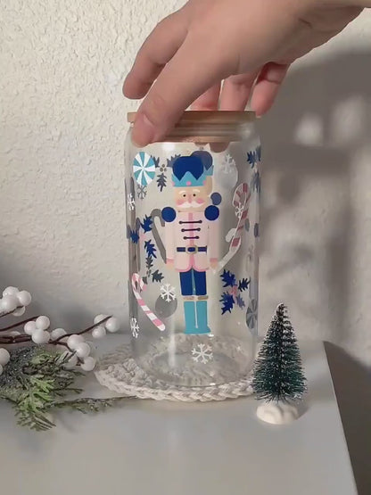 Christmas Nutcracker Glass Cup, 16oz and 20oz bamboo lid and straw included
